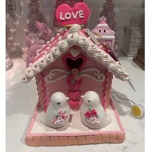 Cupcakes & Cashmere Valentines Pink Dove Heart Frosted Gingerbread House LED